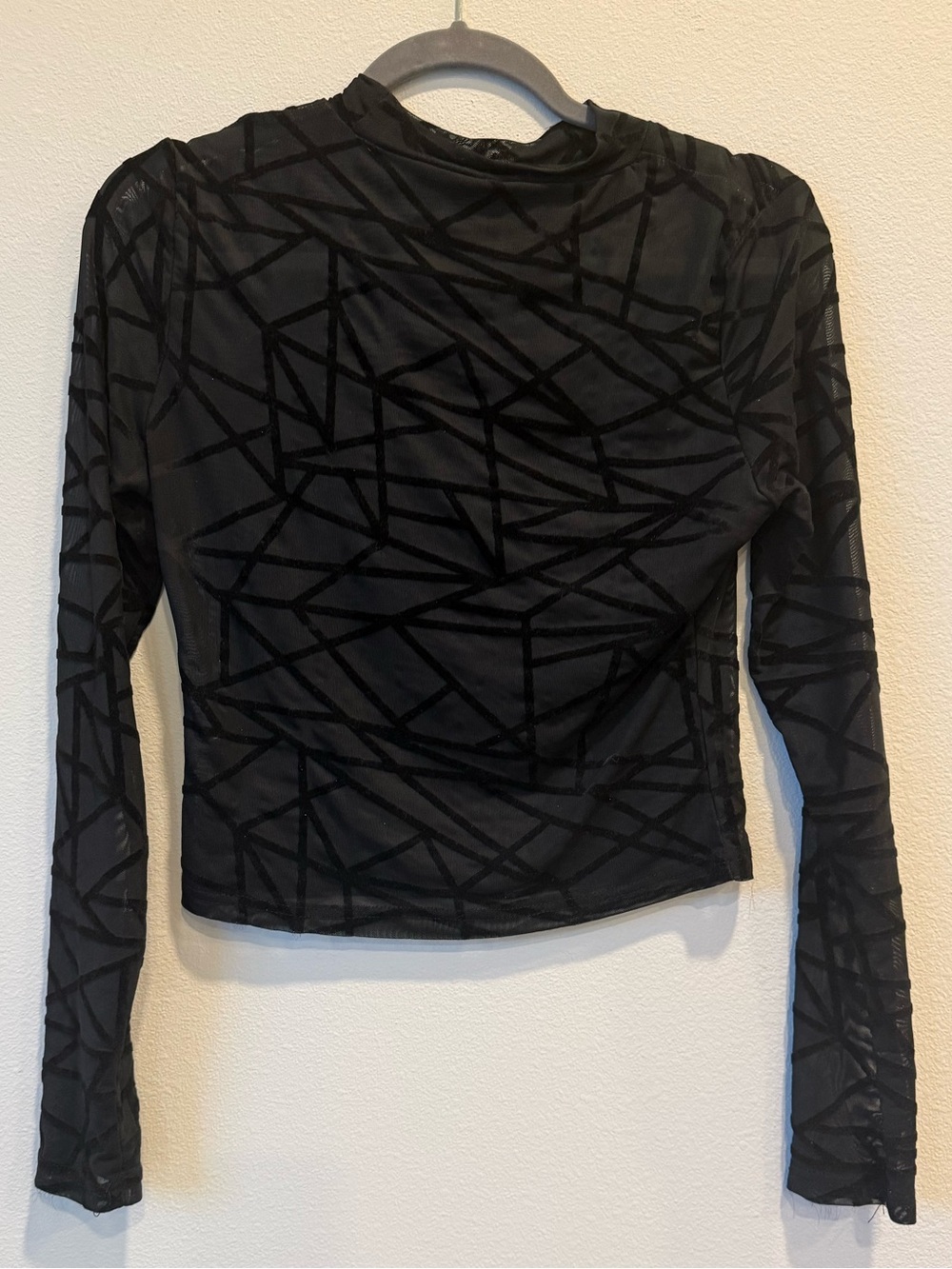 Black Geometric Velvet Burnout Mesh Long Sleeve Top